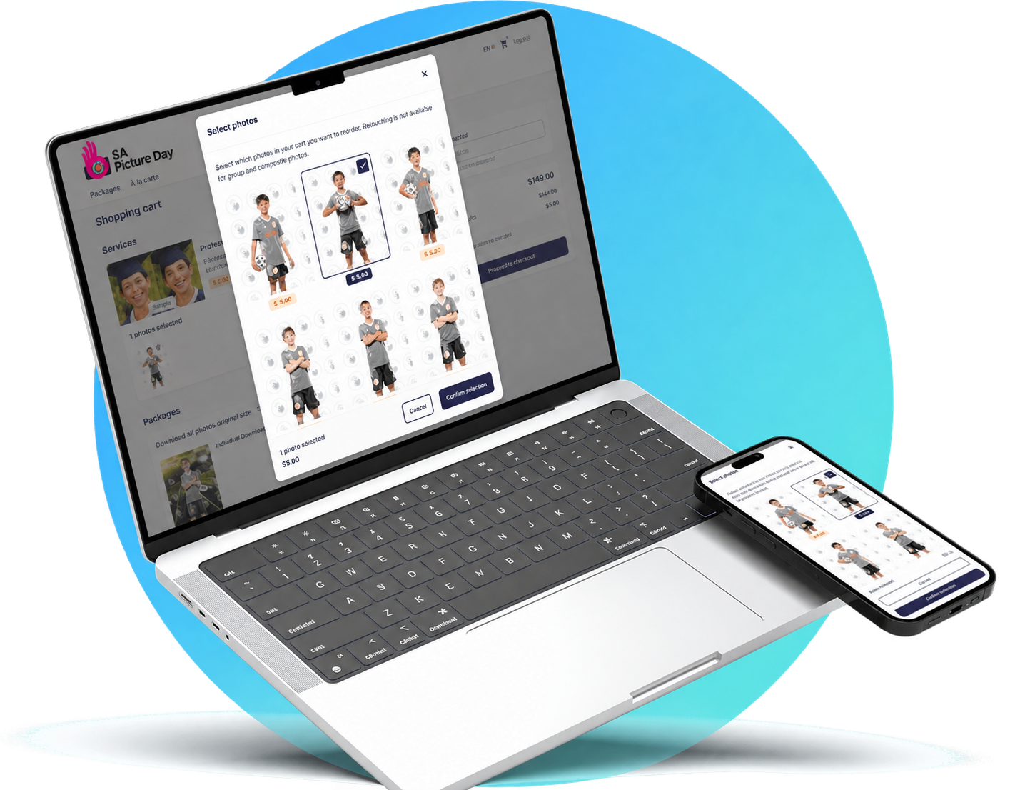SA Picture Day gallery example on a laptop and phone, showing how families choose photos after publication