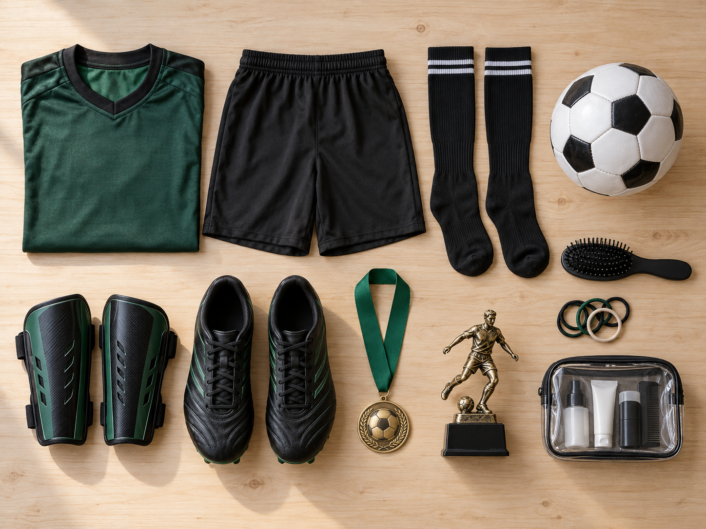 Clean soccer uniform, cleats, shin guards, ball, medal, trophy, and grooming essentials