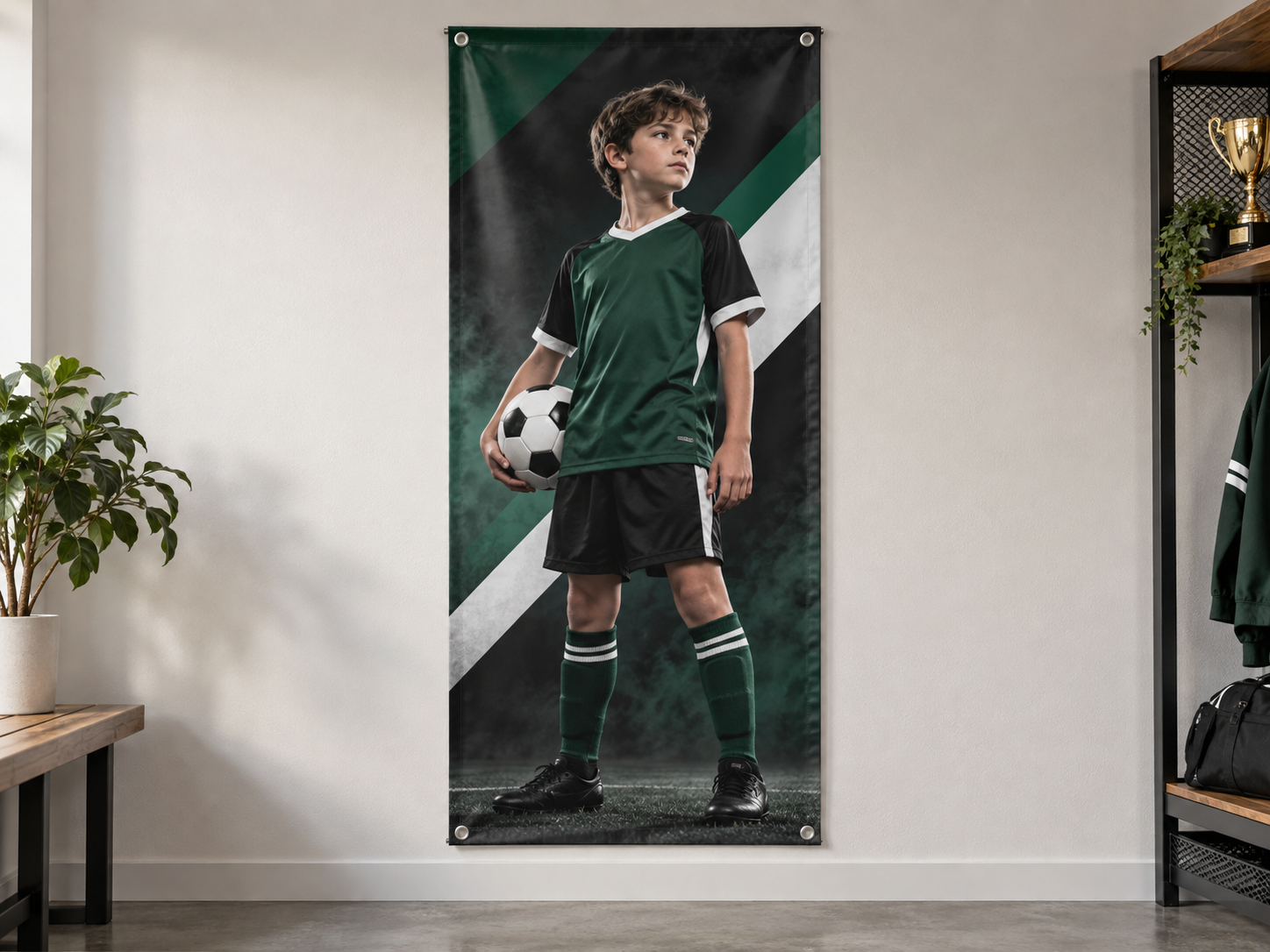 Personalized soccer player banners displayed on a wall