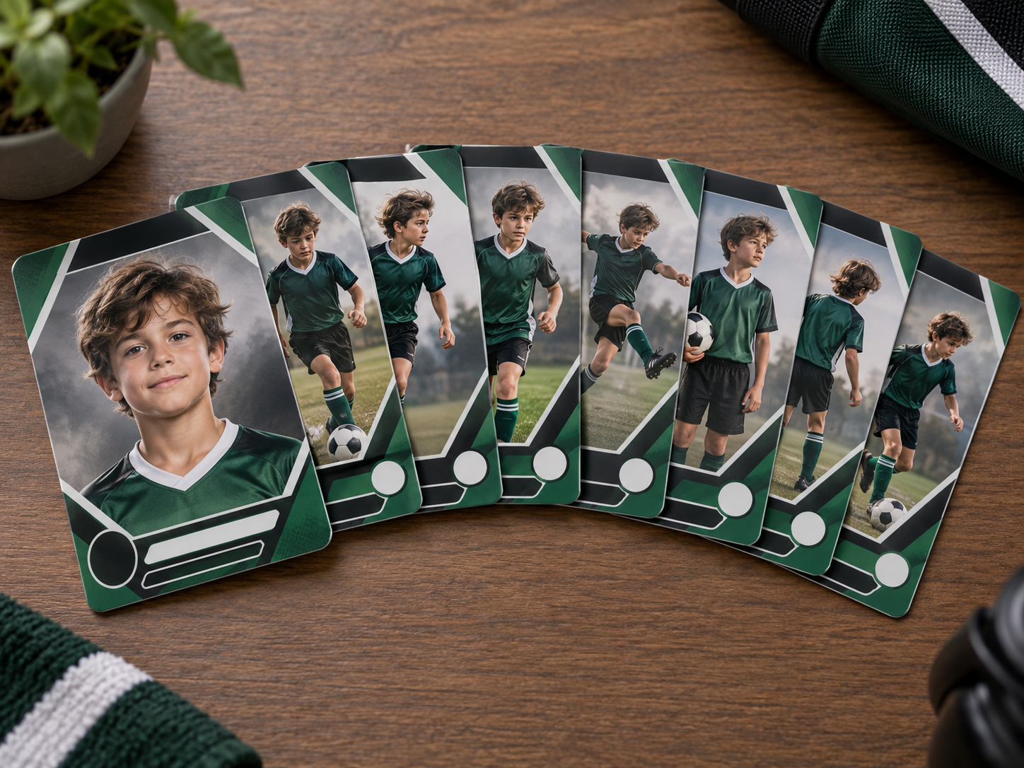 Personalized soccer trading cards with player portraits