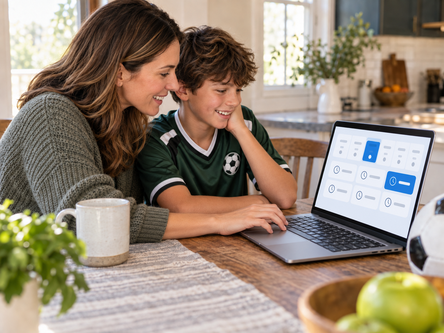 Parent and soccer player reviewing picture day options together