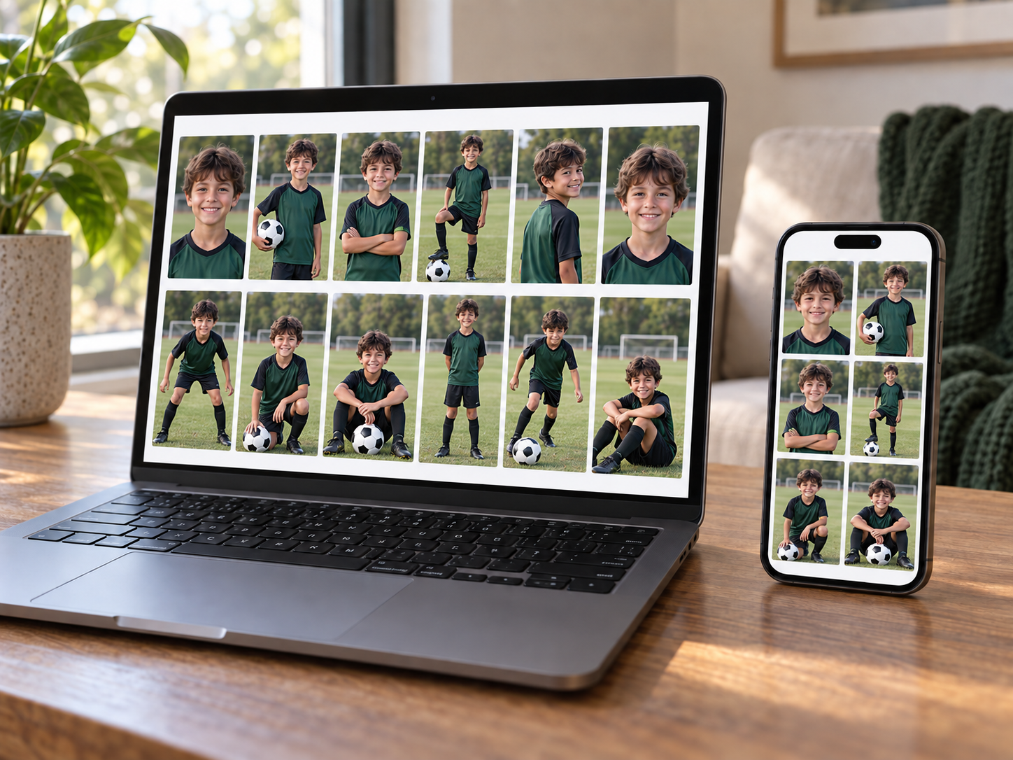 Private soccer photo gallery displayed on a laptop and phone