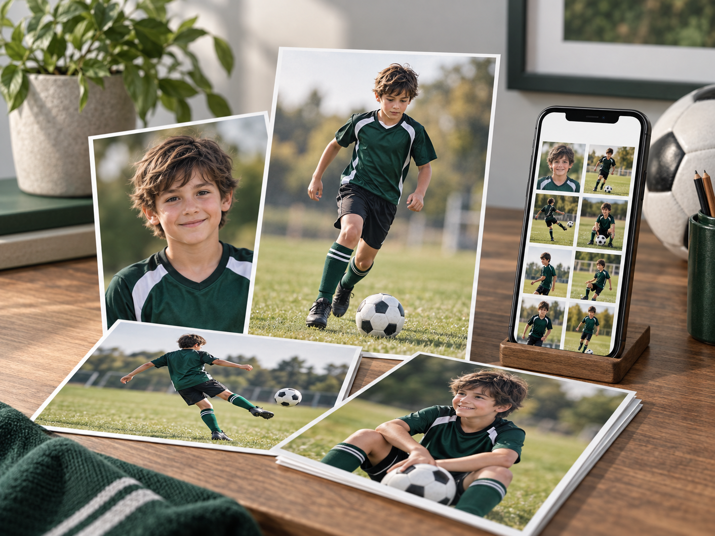 Printed soccer portraits beside a phone showing the private gallery