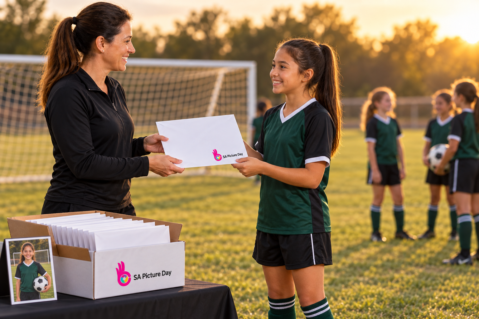 Soccer coach handing a player a branded photo order envelope