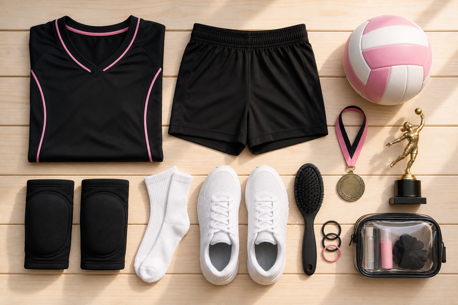 Volleyball uniform, shoes, knee pads, ball, medal, trophy, and grooming essentials